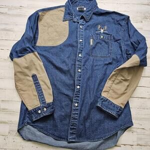 Columbia Blue Jean Denim Hunting Shirt Button Up Size L Shooting Padded Shoulder